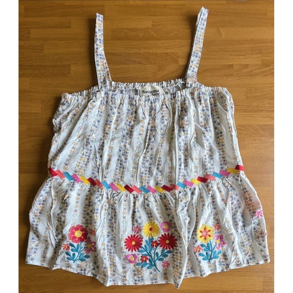 Savanna Jane Womens 2X Floral Embroidered Boho Cami Top White Rayon NEW with tag